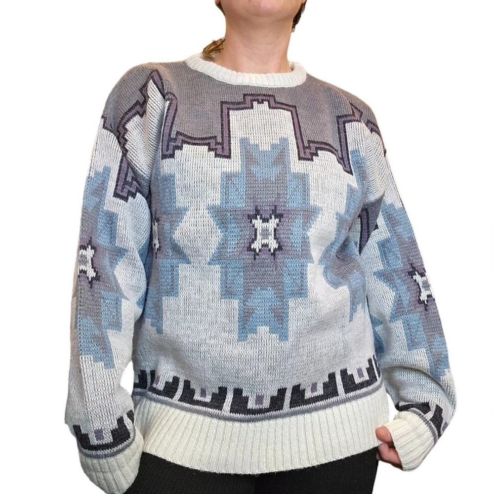 80sโ LG Geometric Southwest Aztec Offwhite Sweater Crewneck Streetwear Snowflake